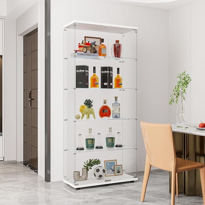Yoluckea 5 Shelves Glass Display Cabinet with 2 Doors, Floor Standing Clear Glass Curio Cabinet Collection Display Case for Living Room Bedroom 73.82” x 31.69” x 14.37” White - Image 4