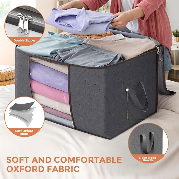 Budding Joy 90 L Large Storage Bags, 10 Pack Clothes Storage Bins Foldable Closet Organizers Storage Containers with Reinforced Handle for Clothing, Blanket, Comforters, Bed Sheets, Pillows (Gray) - Image 5