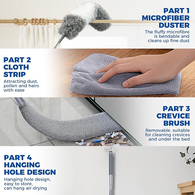 4 Pcs Dusters for Cleaning, 2 in 1 Microfiber Dusters and Retractable Gap Dust Cleaner with 1 Microfiber Dusting Cloths Long Handle 30-100 Inches Extension Pole for Ceiling Fan Cleaning Supplies - Image 4