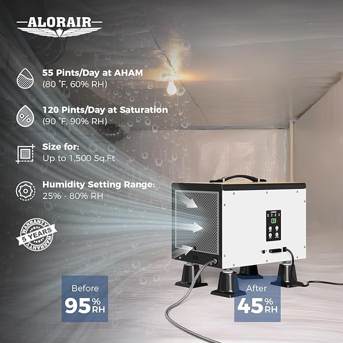 ALORAIR Crawl Space Dehumidifier, 120 PPD Crawlspace Dehumidifiers with Drain Hose and Pump for Basement, Portable Compact Auto Defrost Under House Industry Commercial Dehumidifier - Image 3