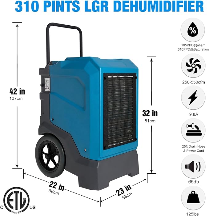 MOUNTO 310 Pints LGR Commercial Dehumidifier with Built-In Pump and Drain Hose – Portable, Heavy-Duty Dehumidifier with Wheels for Basements, Garages, Home, and Job Sites (Blue) - Image 6