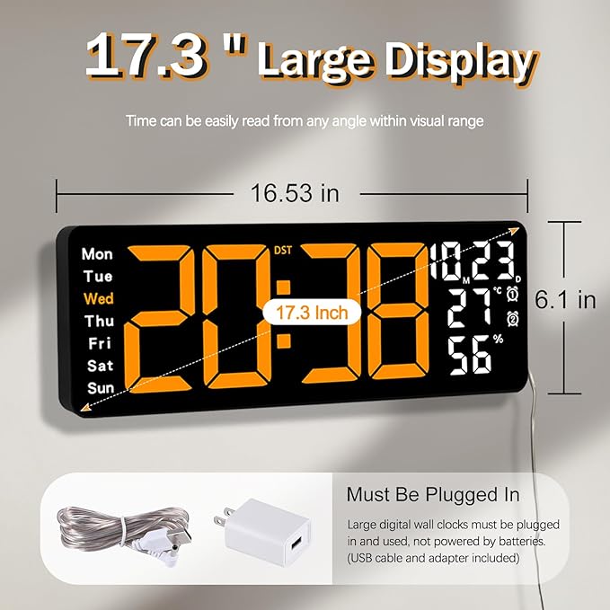JoFomp 17.3" Large Digital Wall Clock, LED Digital Clock Large Display with Remote Control, Alarm Clock with Temp/DST/Dimmer/Humidity/Timer/Ambient Light - 12/24H, Alarm Wall Clock for Bedroom - Image 2
