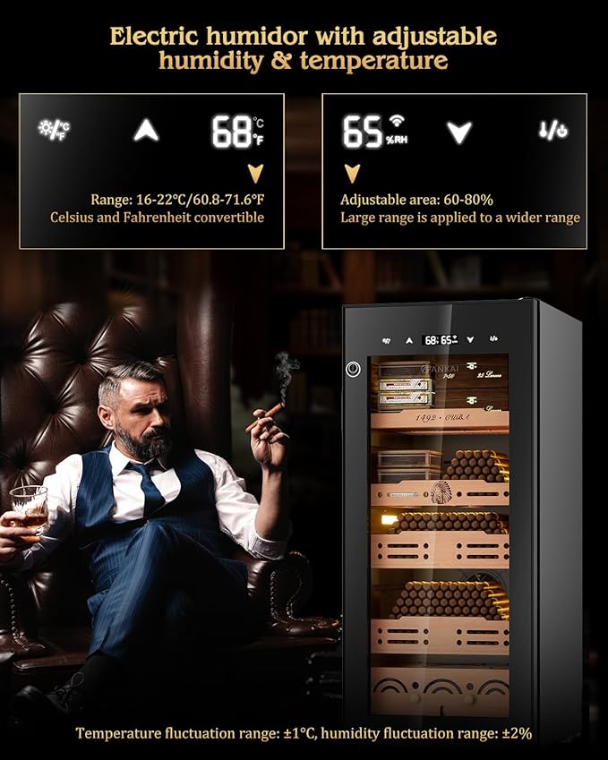 Electric Cigar Humidor, 105L Cabinet up to 900 Cigars with Thermostatic & Humidistatic Control, 4 Cedar Wood Trays, LED Screen Fingerprint Safety Lock for Lounge/Home Use Cooling Fridge - Image 2