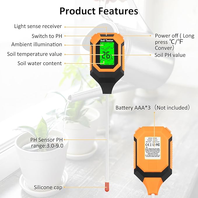 4-in-1 Soil Moisture Meter Digital PH Meter/Soil Moisture/Plant Temperature/Sunlight Intensity, Backlight LCD Display, Soil Test Meter for Garden, Lawn, Plant Care, Farm and Indoor Outdoor Plants - Image 2