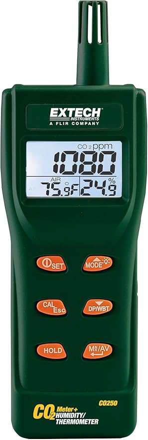 Extech CO250 Portable Indoor Air Quality CO2 Meter with Datalogger - Carbon Dioxide, Temperature, Humidity, Dew Point, Wet Bulb, NDIR Sensor, 99 Record Storage, Large LCD Display by Extech