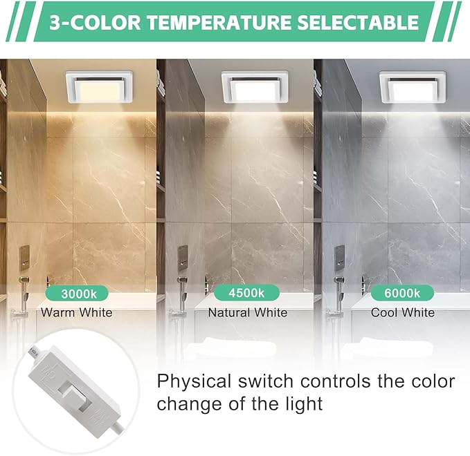 Bathroom Ventilation Fan with Light,With light color controller,12W Square LED 3000K/4500K/6000K,141 CFM,0.7 Sones Quiet Bathroom Exhaust Fan,White(3-Colour LED) - Image 3