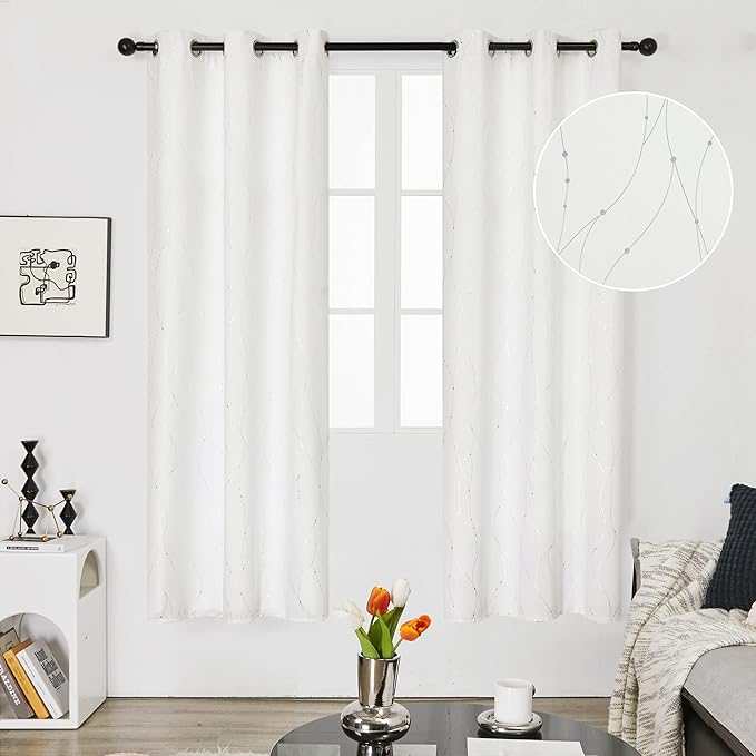 Deconovo White Curtains, Room Darkening Curtain, Thermal Insulated Soundproof Drapes, Wave Dots Silver Print, 42 x 72 Inch Long, Grommet Top, Window Panels for Living Room Bedroom Nursery, Set of 2 - Image 2