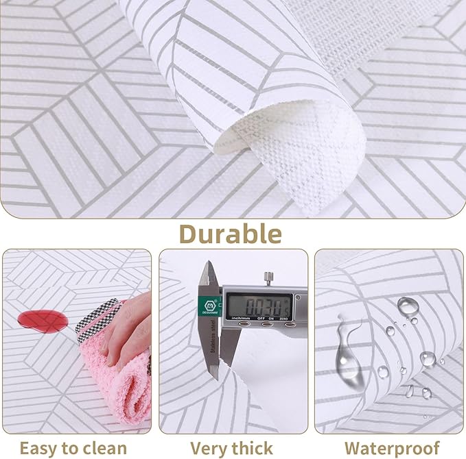 Shelf Liners for Kitchen Cabinets Non Adhesive Shelf Liner Paper Non-Slip Thickened Drawer Liner Easy to Clean for Tool Box Refrigerator with Knife and Tape Measure, Silver Geometric, 11.8 x 118 in - Image 3