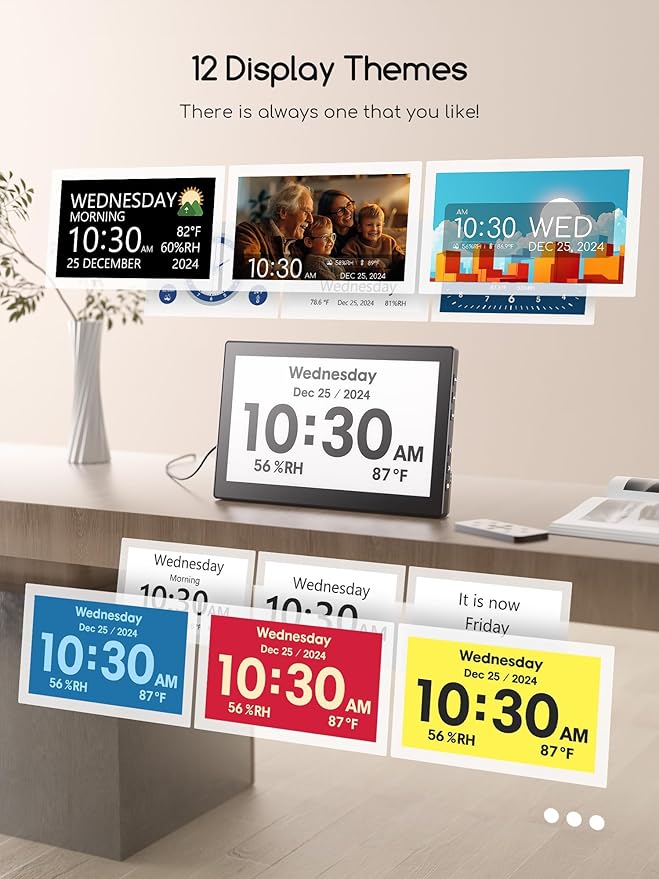 Raynic Digital Clock, Large Display Calendar Clock with 12 Themes, 20 Alarms, 20 Reminders, Auto Dimming, 12/24 Hours, Indoor Temperature, Humidity for Seniors, Desk - Image 4