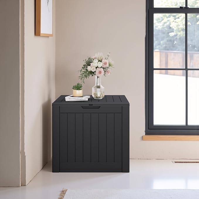 JUMMICO 42 Gallon Deck Box Waterproof, Resin Outdoor Storage Box with Side Handles, Outdoor Storage Benches Lockable for Patio Cushions and Garden Tools (Black) - Image 5