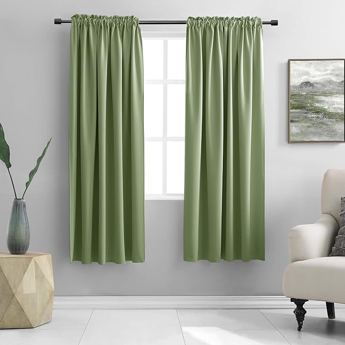 DONREN Sage Green Blackout Curtain Panels for Small Window - Thermal Insulated Room Darkening Rod Pocket Curtains for Bedroom (52 by 63 Inch,2 Panels) by DONREN