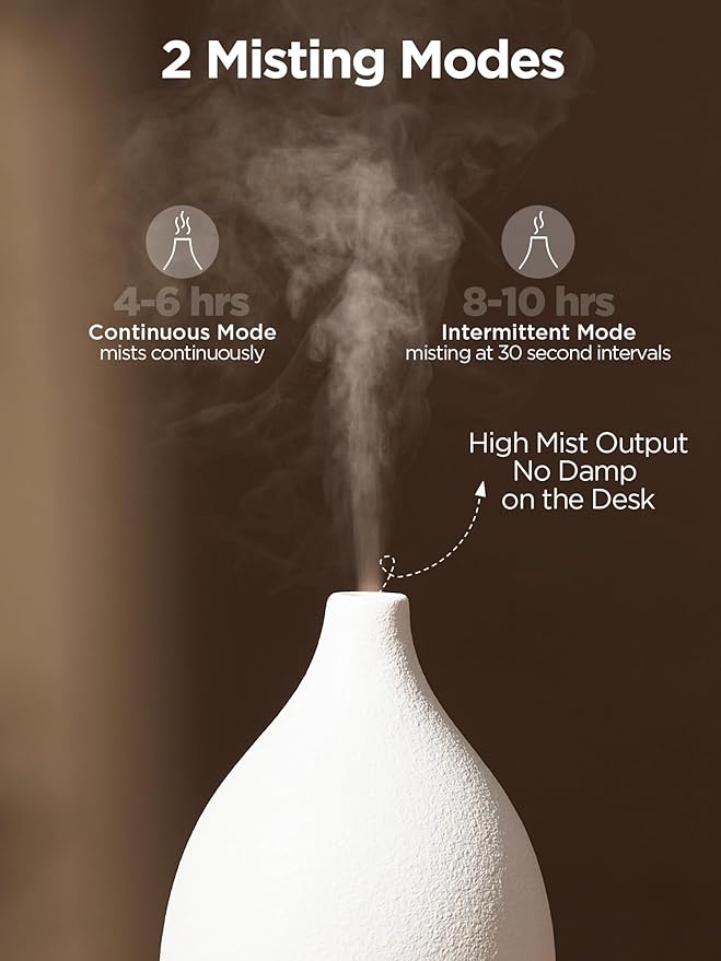 InnoGear Oil Diffuser, 150ML Ceramic Diffuser for Essential Oils Handcrafted Aromatherapy Diffuser Ultrasonic Cool Mist Humidifier with 2 Mist Modes Waterless Auto Off for Room Office, White Base - Image 5