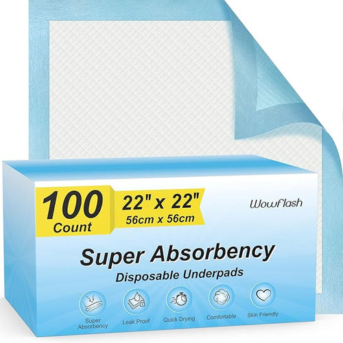 100 Count 22” x 22” Super Absorbency Disposable Underpads, Leakproof Quick Drying Disposable Pads for Baby, Puppy and Adults, Puppy Pads, Cat Pee Pads for Dogs, Potty Puppy Training Pads by Wowflash