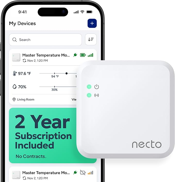 Necto Cellular Temperature Monitor - Remote Power Failure Alarm & Humidity Sensor with Unlimited Alerts. Temp Monitoring System for RV Pet Safety, Vacation Home, Server Room. No Fees or WiFi Required by NECTO