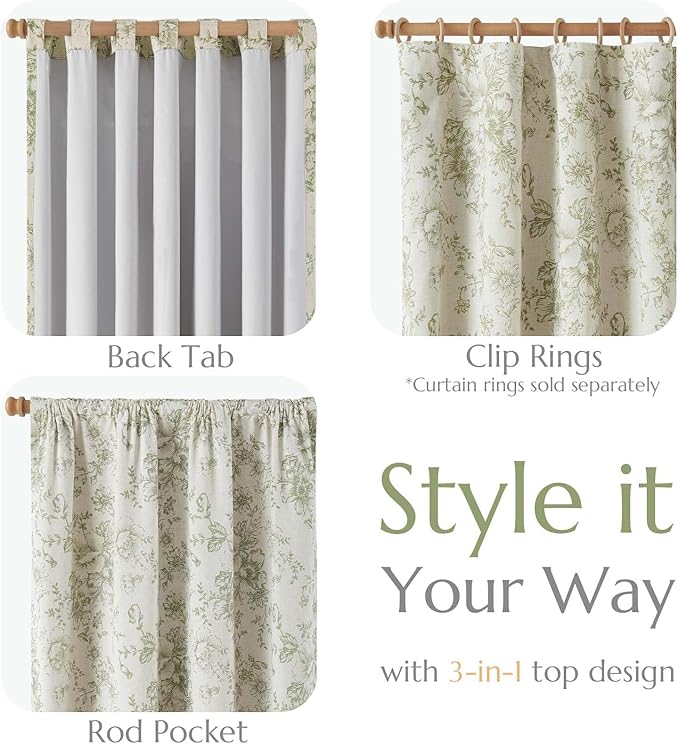 jinchan Blackout Curtains Linen Blend Floral Curtain for Living Room 63 Inch Length Farmhouse Printed with Lined Blackout Drapes for Bedroom Sage Green Flower Curtains Set 2 Panels - Image 4