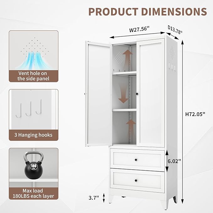 Kitchen Pantry Storage Cabinets with Drawers, 72" Tall Kitchen Cupboard Metal Pantry Cabinet with Adjustable Shelves, for Home Office Living Dining Room, Assembly Required(White) - Image 2