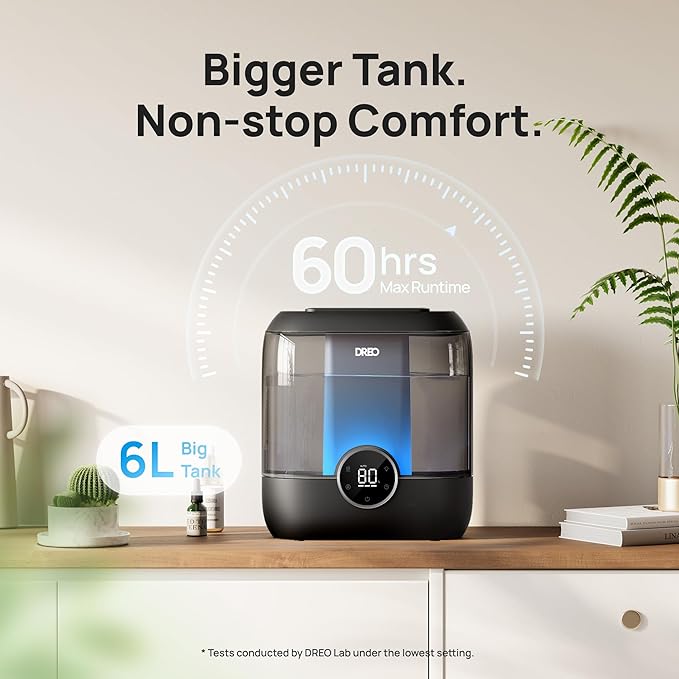 DREO 6L Top Fill Humidifiers for Bedroom, 60H Runtime, 28 dB Quiet Supersized Cool Mist Humidifiers for Large Room, Ultrasonic Humidifier for Home, Plant, Baby, Night Light, Indoor - Image 4