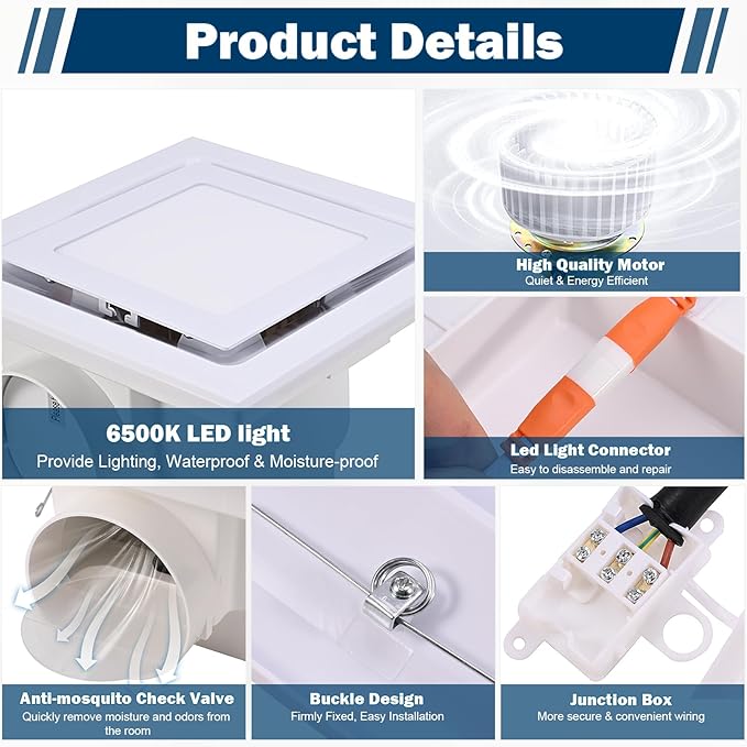 FEITON Square Bathroom Exhaust Fan with LED Light, 110 CFM 30W 4 Inch Duct, 110-220V 1.0 Sones Quiet Bathroom Ventilation Fan Light Combo Ceiling Mount - Image 6