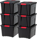 IRIS USA 40 Qt Stackable Plastic Storage Bins with Lids, 6 Pack - BPA-Free, Made in USA - Garage Organizing Solution, Latches, Durable Nestable Containers, Secure Pull Handle - Black by IRISUSA