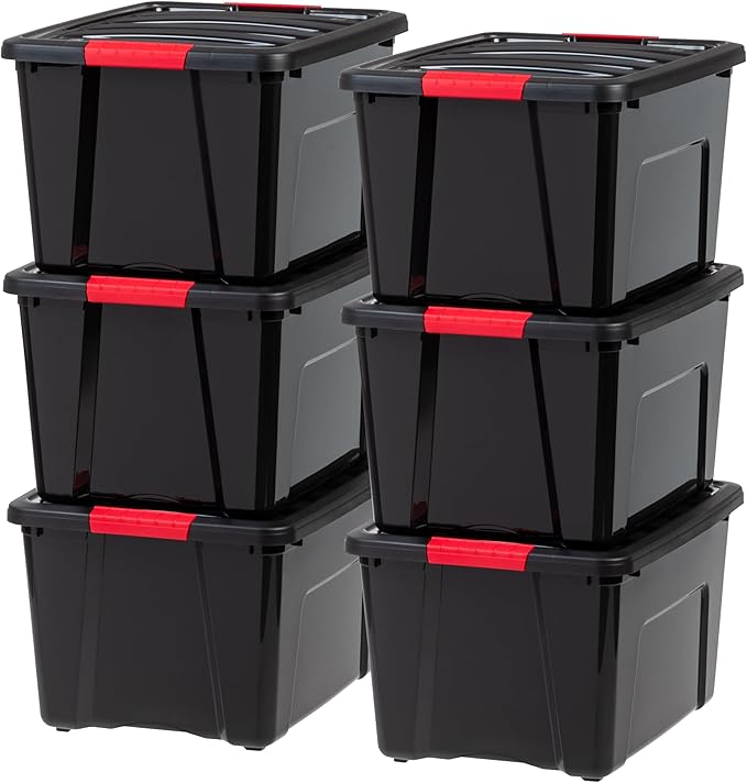 IRIS USA 40 Qt Stackable Plastic Storage Bins with Lids, 6 Pack - BPA-Free, Made in USA - Garage Organizing Solution, Latches, Durable Nestable Containers, Secure Pull Handle - Black by IRISUSA