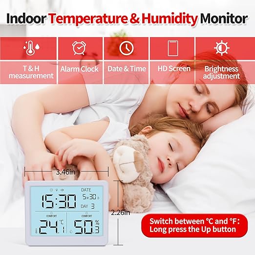 Indoor Digital Thermometer & Humidity Meter, Home Hygrometer Temperature Gauge with Date, Clock, Adjustment Brightness, Terrarium, Incubator, Greenhouse - Image 2