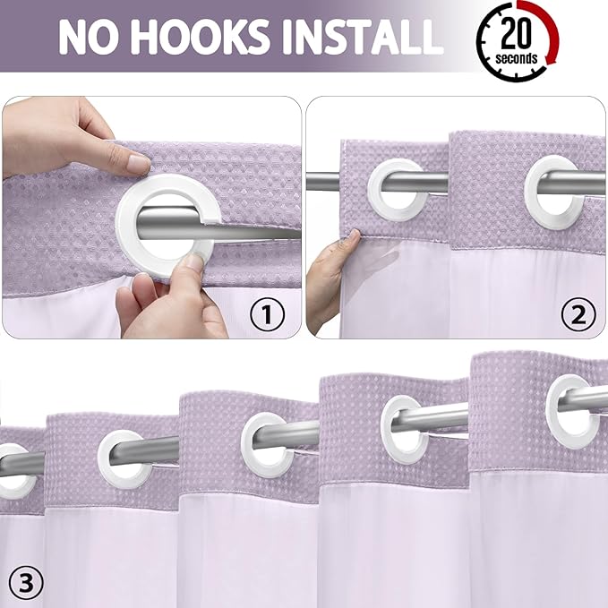 No Hook Shower Curtain and Liner Set,Lavender Hotel Waffle Shower Curtain with Liner 75" L x 72" W - Image 2
