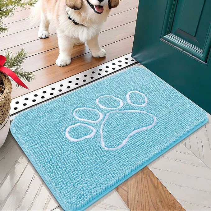 OLANLY Dog Door Mat for Muddy Paws 24x16, Paw Print Design, Absorbs Moisture and Dirt, Absorbent Non-Slip Washable Doormat, Quick Dry Chenille Mud Mat for Dogs, Entry Indoor Entryway Carpet, Blue by OLANLY