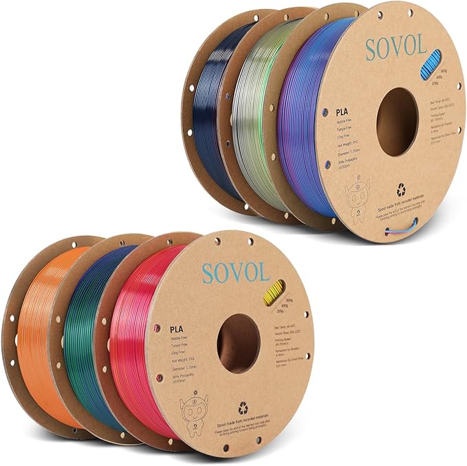 Sovol Silk PLA Filament 6KG Kit, Silk Tri Color & Dual Color Co-Extrusion PLA Materials, Shiny Multicolored Fast Change Rainbow 3D Printer Filament, 1.75mm 1kg/ 2.2lbs +/-0.03mm by Sovol