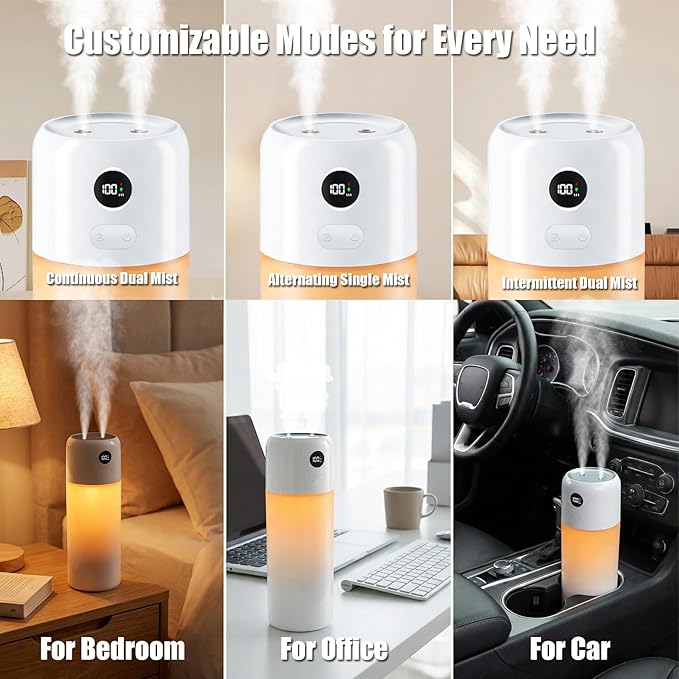 Mini Humidifier for Bedroom, 500ml, Dual Mist Rechargeable Travel Humidifier for Office, Car, Nursery, Auto Shut-Off, Dry-Burn Protection, Timer, Quiet with Night Light (Snow White) - Image 3