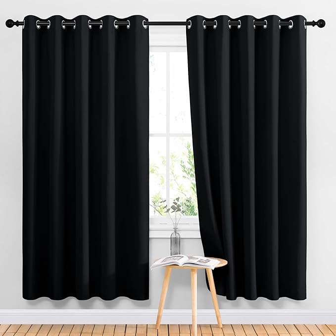 NICETOWN Blackout Curtains Panels for Living Room, 2 Panels, 66 x 70 Inch, Black, 3 Pass Microfiber Noise Reducing Thermal Insulated Solid Ring Top Blackout Window Drapes by NICETOWN
