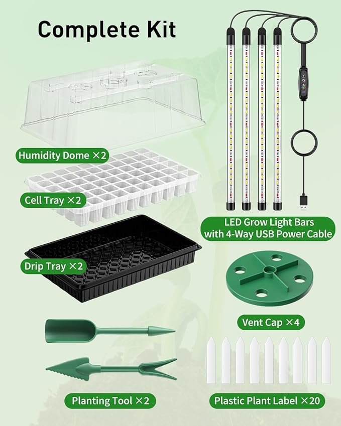 Pawfly 2 Pack Seed Starter Kit, 120 Cells, Seed Starter Trays with Adjustable Grow Light Bars & 4" Humidity Domes, Indoor Seedling Starter Trays, Reusable Plant Germination Trays, Seed Starting Trays - Image 2