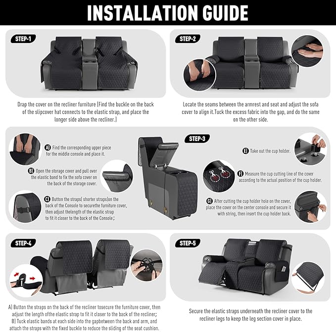 TAOCOCO 100% Waterproof Loveseat Recliner Couch Sofa Covers with Console,Double Reclining Couch Cover Non-Slip Sofa Slipcovers Washable,Furniture Protector Covers for Kids,Pets(2 Seater,Black) - Image 7