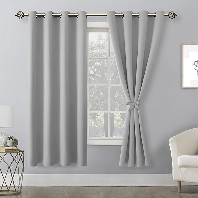 Hiasan Blackout Curtains for Bedroom, 52 x 63 Inches Length - Thermal Insulated & Light Blocking Window Curtains for Living Room, 2 Drape Panels Sewn with Tiebacks, Silver Grey - Image 2