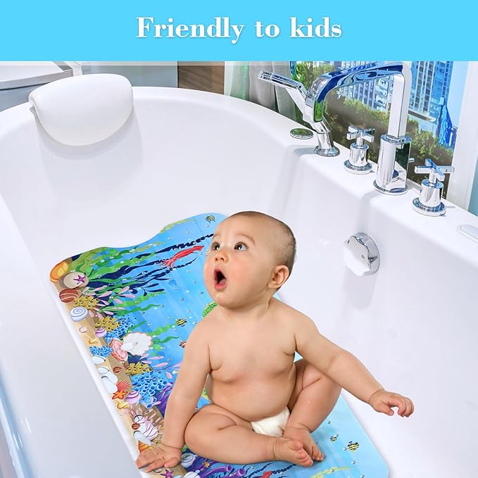 Bath Mat for Tub Non Slip, Machine Washable Anti-Slip Cartoon Baby Bathtub Shower Mat with Drain Holes and Suction Cups for Toddler & Kids, 40 Inch x 16 Inch, Red Turtles - Image 2
