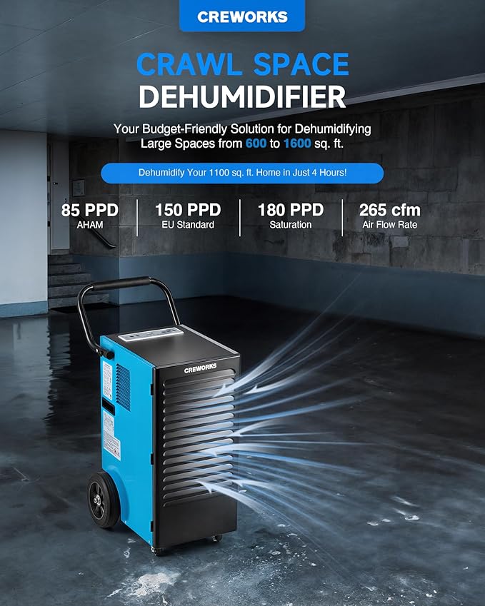 CREWORKS 180 PPD Commercial Dehumidifier, 180 Pint Dehumidifier for Basement with Wheels Drain Hose, Portable Professional Basement Dehumidification with Auto Defrost Display Panel - Image 7