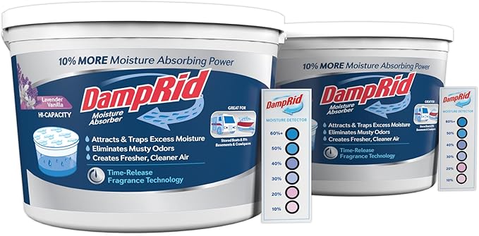 DampRid Hi-Capacity Moisture Absorber Bucket, Lavender Vanilla, 2 lb. 15.5 oz. & Moisture Detection Strip (2 Pack), Attracts & Traps Excess Moisture by DampRid