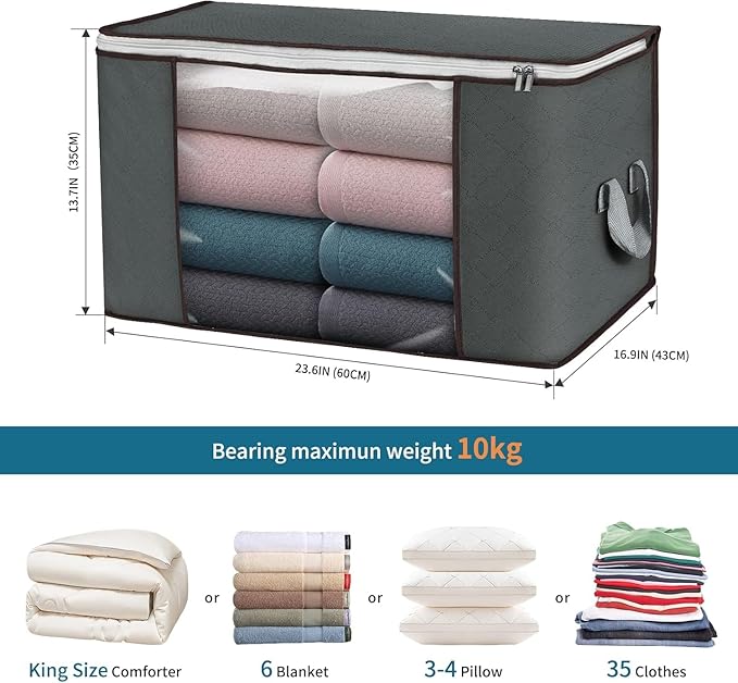 Large Storage Bags, 3 Pack Clothes Storage Bins Foldable Closet Organizers Storage Containers with Durable Handles Thick Fabric for Blanket Comforter Clothing Bedding 90 L (Gray) - Image 2