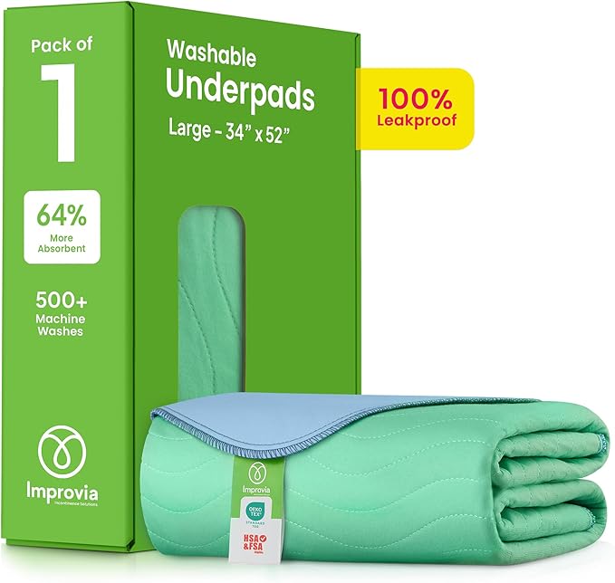 IMPROVIA® Washable Underpads, 34" x 52" (1 Pack) - Heavy Absorbency Reusable Incontinence Pads for Kids, Adults, Elderly, and Pets - Waterproof Protective Pad for Bed, Couch, Sofa, Furniture, Floor by IMPROVIA