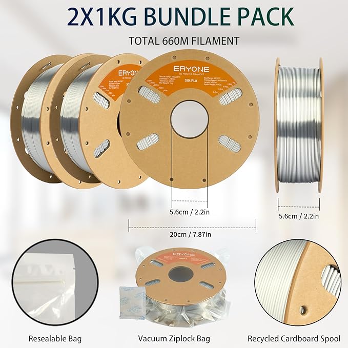 ERYONE Silk PLA Filament for 3D Printer 1.75mm +/- 0.03mm, 2KG Cardboard Spool, Silk Silver - Image 7