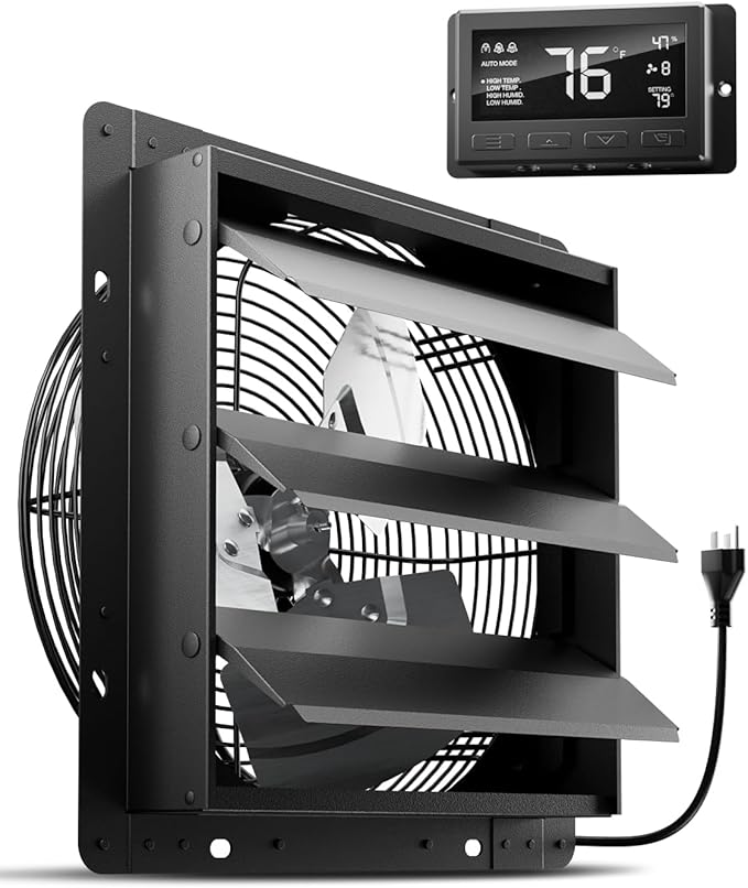 HG Power 12 Inch Attic Fan with Thermostat, 971 CFM Shutter Exhaust Fan with Smart Temperature Humidity Controller, Wall Mounted Greenhouse Fan with EC Motor for Garage, Shed Ventilation, Black by HGPOWER
