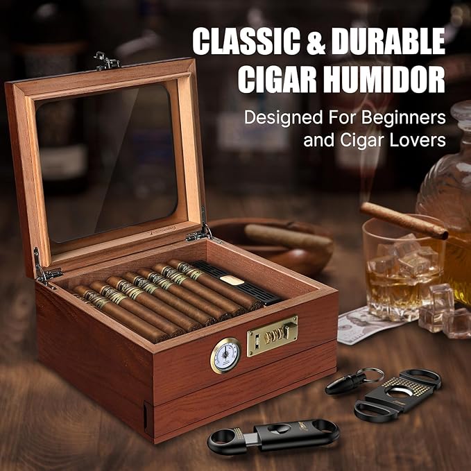Cigar Humidor, Cedar Wood Humidor Cigar Box, Glass Top Desktop Humidor with Front Hygrometer, Humidifier, Divider, Accessories Drawer and Combination Lock, Cigar Gifts for Men (Brown) - Image 7