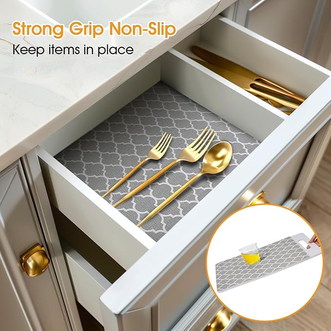 Shelf and Drawer Liner for Kitchen Cabinets Non-Adhesive, Strong Grip Non-Slip Thickened Cabinet Liners for Shelves, Waterproof Mats for Dresser Cupboard, Gray, 12 in x 20 Feet - Image 2