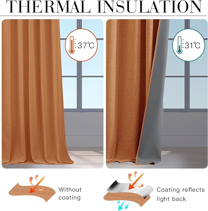 RYB HOME 100% Blackout Fall Curtains for Bedroom Linen Texture, Burnt Orange Curtains for LivingRoom/Office/Sliding Door, Thermal Insulated Farmhouse HomeDecor, Luxury Privacy Drape, W52xL84, 2 Panels - Image 6