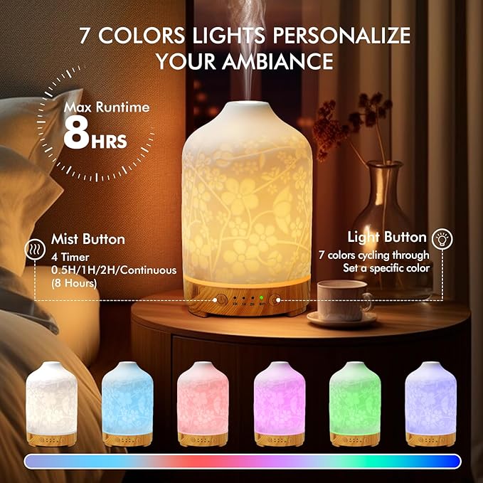 Aromatherapy Essential Oil Diffuser 150ml Ceramic Ultrasonic Aroma Oil Diffuser Humidifier Whisper Quiet Timer Setting 7 LED Colors Changing Lights for Home Office (Cherry Blossom) - Image 2