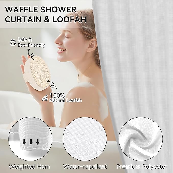 White Bathroom Set, White Bathroom Accessories Sets with Shower Curtain and No-Slip Bath Rugs, Natural Loofah Sponge, Soap Dispenser, Toothbrush Holder, Toothbrush Cup and Tray for Bathroom - Image 5