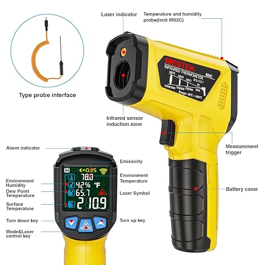 MESTEK Infrared Thermometer Gun -58°F to 1472°F, Digital Temperature Gun/K-Type Probe -14°F~932°F, Humidity Sensor, IR Laser Temp Gun with Color LCD for Cooking Pizza Oven BBQ HVAC Home-Industrial - Image 9