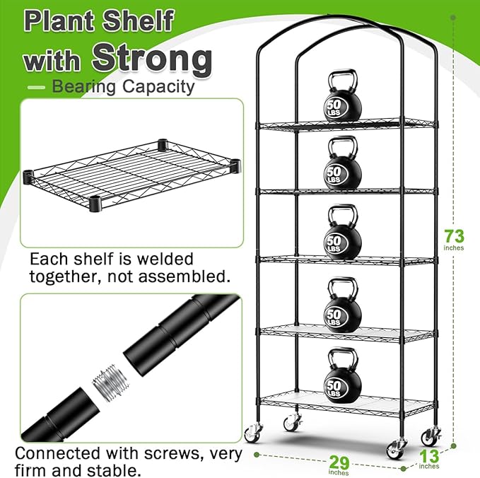 Abimars 5-Tier Greenhouse with Caster Wheel, Each Shelf Height Adjustable Metal Plant Shelf with PVC Cover for Seed Starting Trays, Seedling Pots, Plant Pots, 13x29x73inch - Image 2
