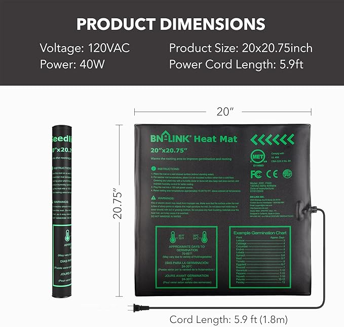 BN-LINK Seedling Heat Mat Warm Hydroponic Heating Pad Waterproof 20" x 20.75" for Seed Starting Greenhouse and Germination - Image 3