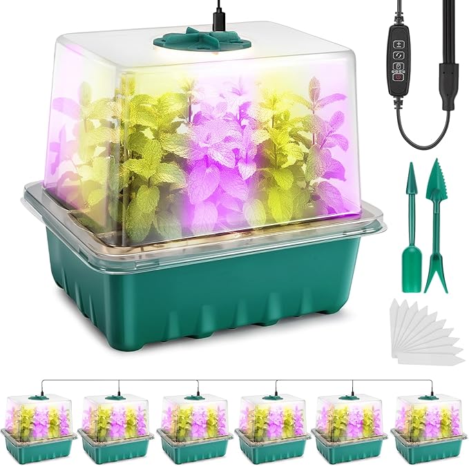 Seed Starter Tray with Grow Light, 6pcs Seed Starter Kits with Light and Humidity Domes, Timing Controller & Adjustable Brightness & 3 Light Mode, Indoor Seedling Starter Plant Germination Trays by Ourhom