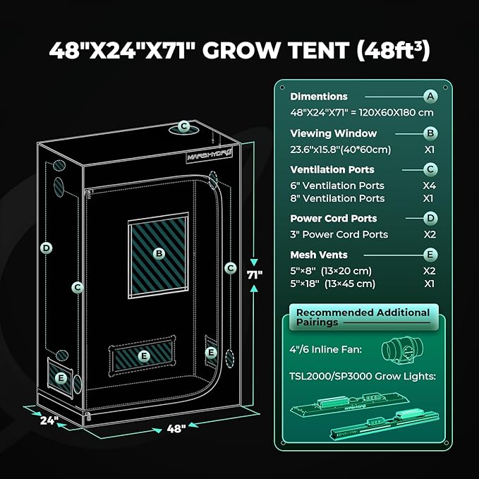 MARS HYDRO 4x2x6 Grow Tent Pro,48"x24"x71" 2000D Thickened Polyester Canvas & High Reflective Mylar, Larger Observation Window, Controller & Socket Hanger,for TSL2000/SP3000 Indoor Plant Growing - Image 8